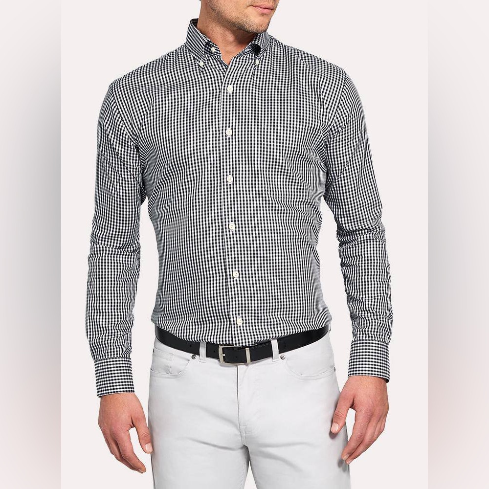 Peter Millar button down crown soft dark brown White Gingham Shirt size silk